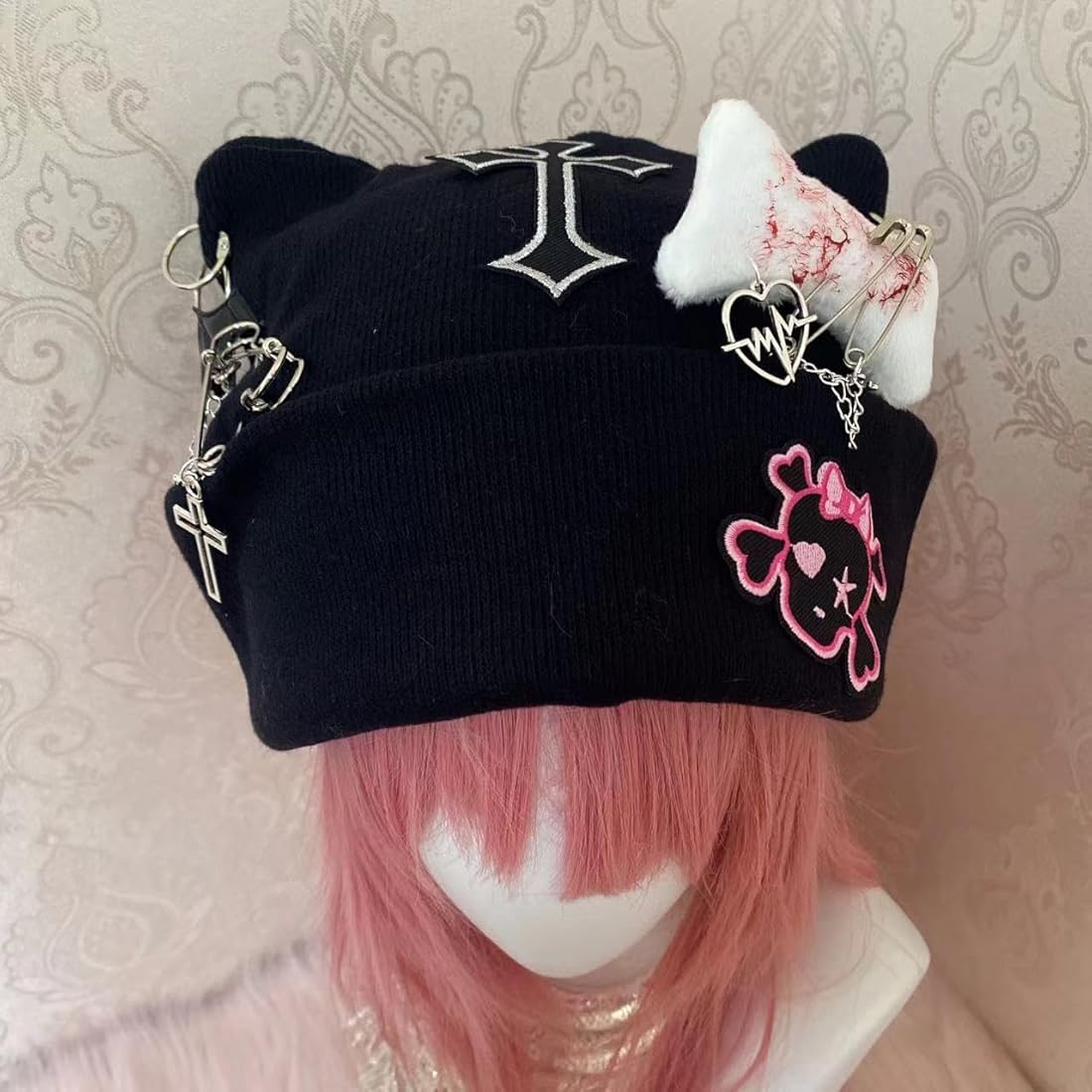 CAT KO Cross Black Beanie Hat Goth Cat Ear Hat Y2K Accessories